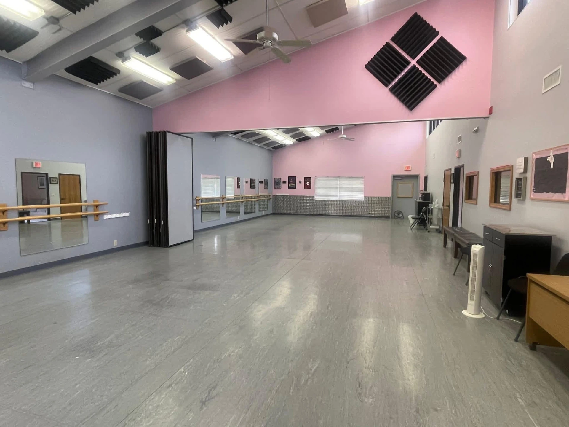The second studio room at Chickasha School of Dance with viewing mirrors and ballet barres