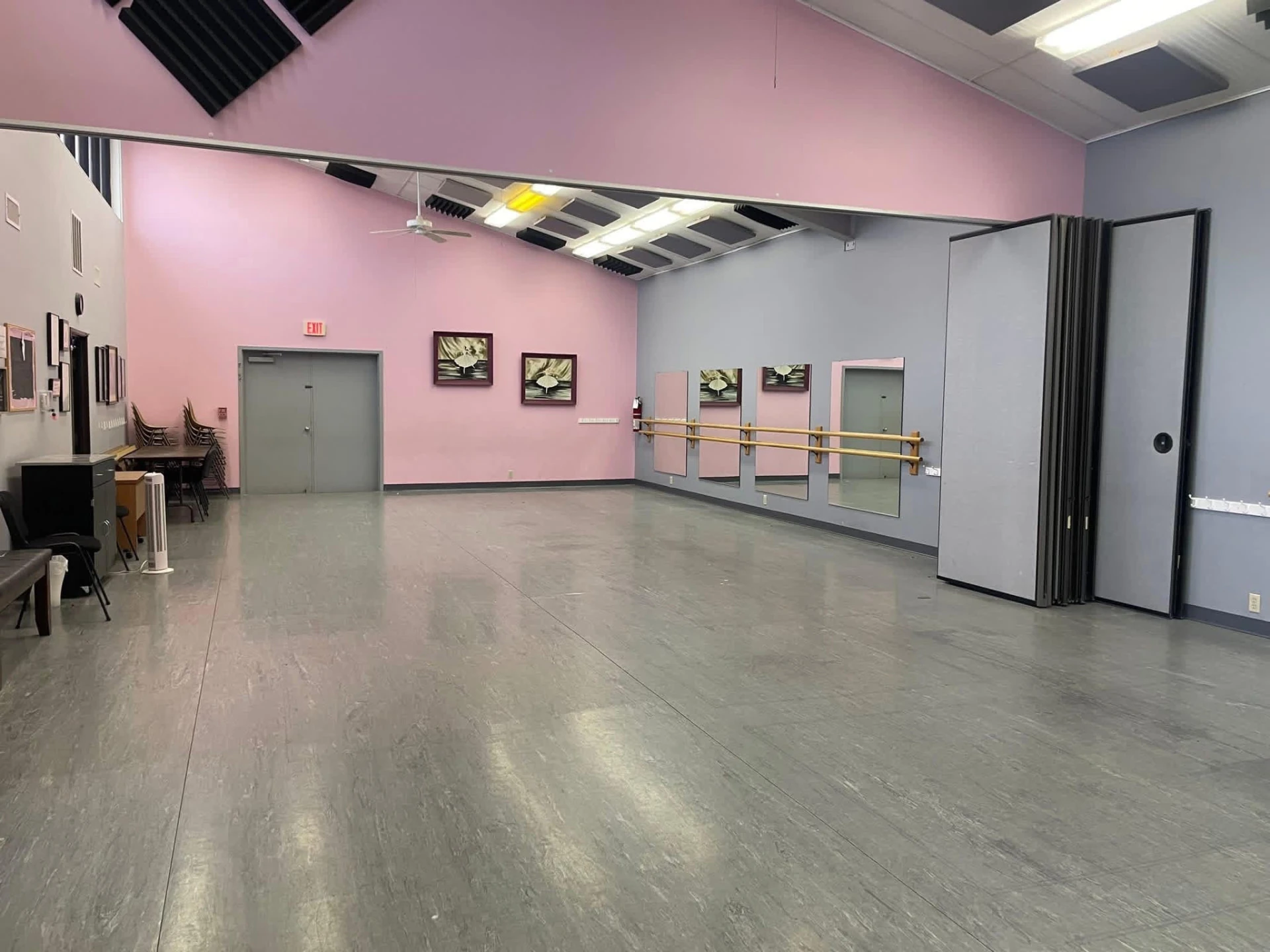 The main dance room at Chickasha School of Dance with sprung floor, mirrors and ballet barres